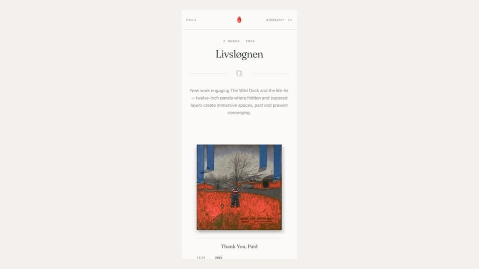 The site, mobile, captured from paulagallery.com.