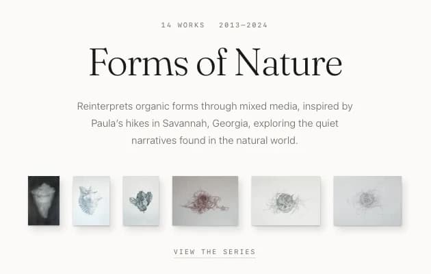 paulagallery.com: the Forms of Nature series, fourteen works from 2013 to 2024, shown in a row at their true relative sizes.