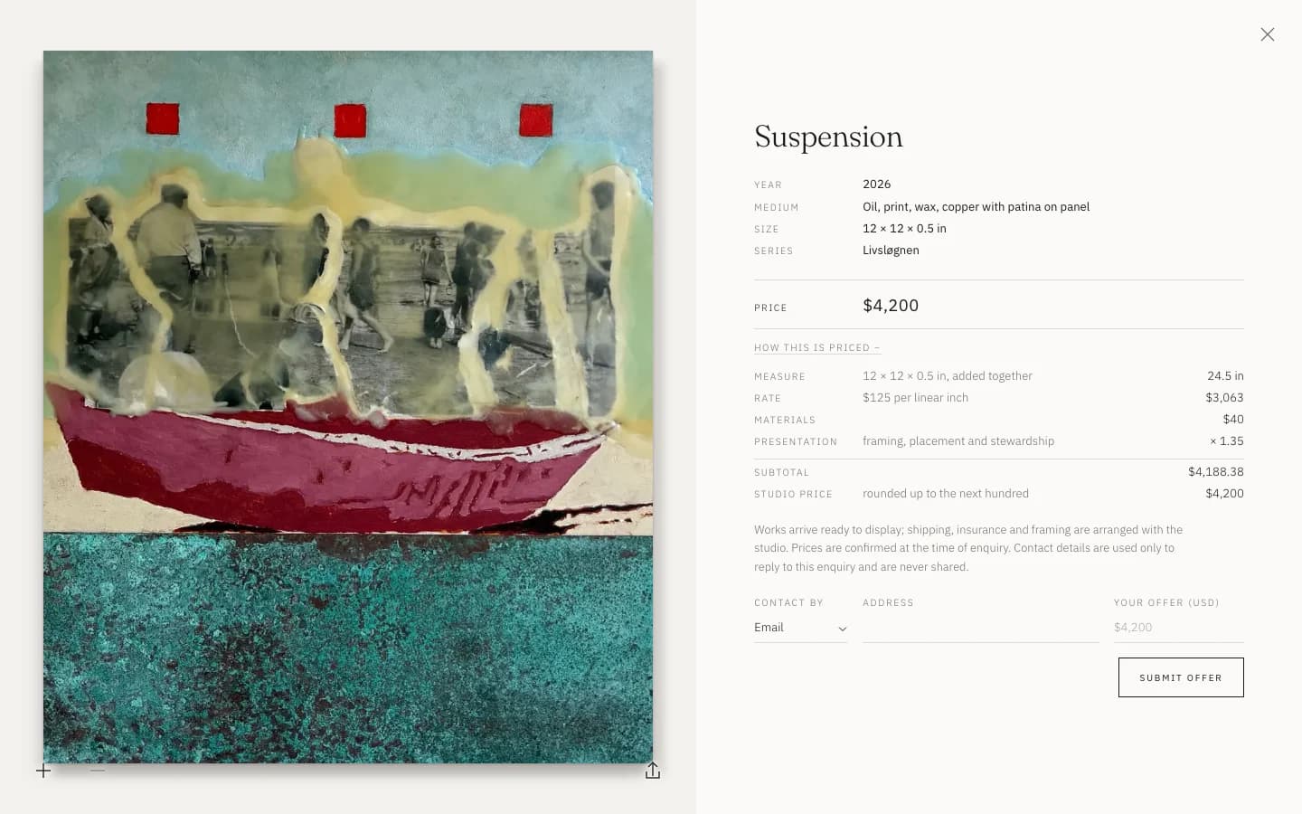 paulagallery.com: Suspension, with its year, medium, size and series, its price of $4,200 on one line, the working opened beneath it (24.5 linear inches at $125, $40 in materials, times 1.35 for presentation, a subtotal of $4,188.38 rounded up to the next hundred) and an offer form with $4,200 showing in the field.