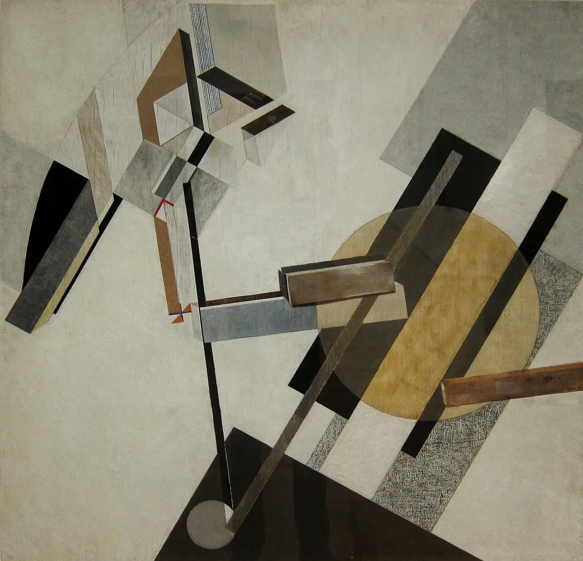 El Lissitzky’s Proun 19D: gray, black, white and ochre planes and bars float at angles on a pale field, a translucent ochre disc at right, a long black rod rising from a small white circle at the foot, and one small red mark near the center.