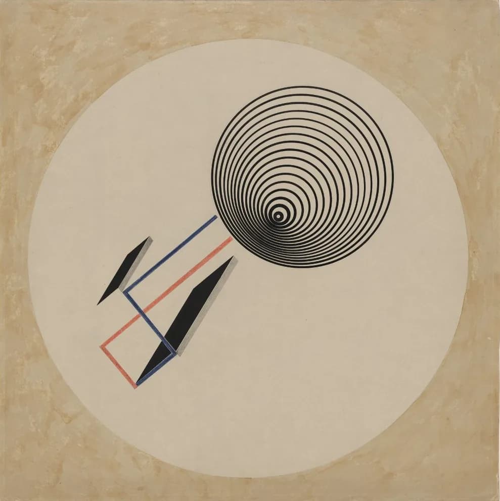 El Lissitzky’s Proun 93: a pale disc on a sand-colored ground, a black spiral of fine rings at its upper right, two dark slabs in perspective and a thin red and blue line between them.