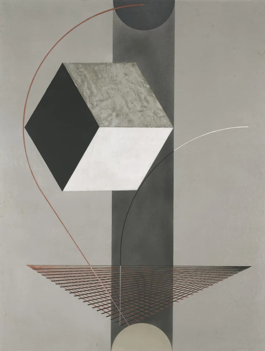 El Lissitzky’s Proun 99: a cube, one face black, one gray, one white, floating against a tall gray band, with a fan of fine lines below it and thin red and white arcs around it.