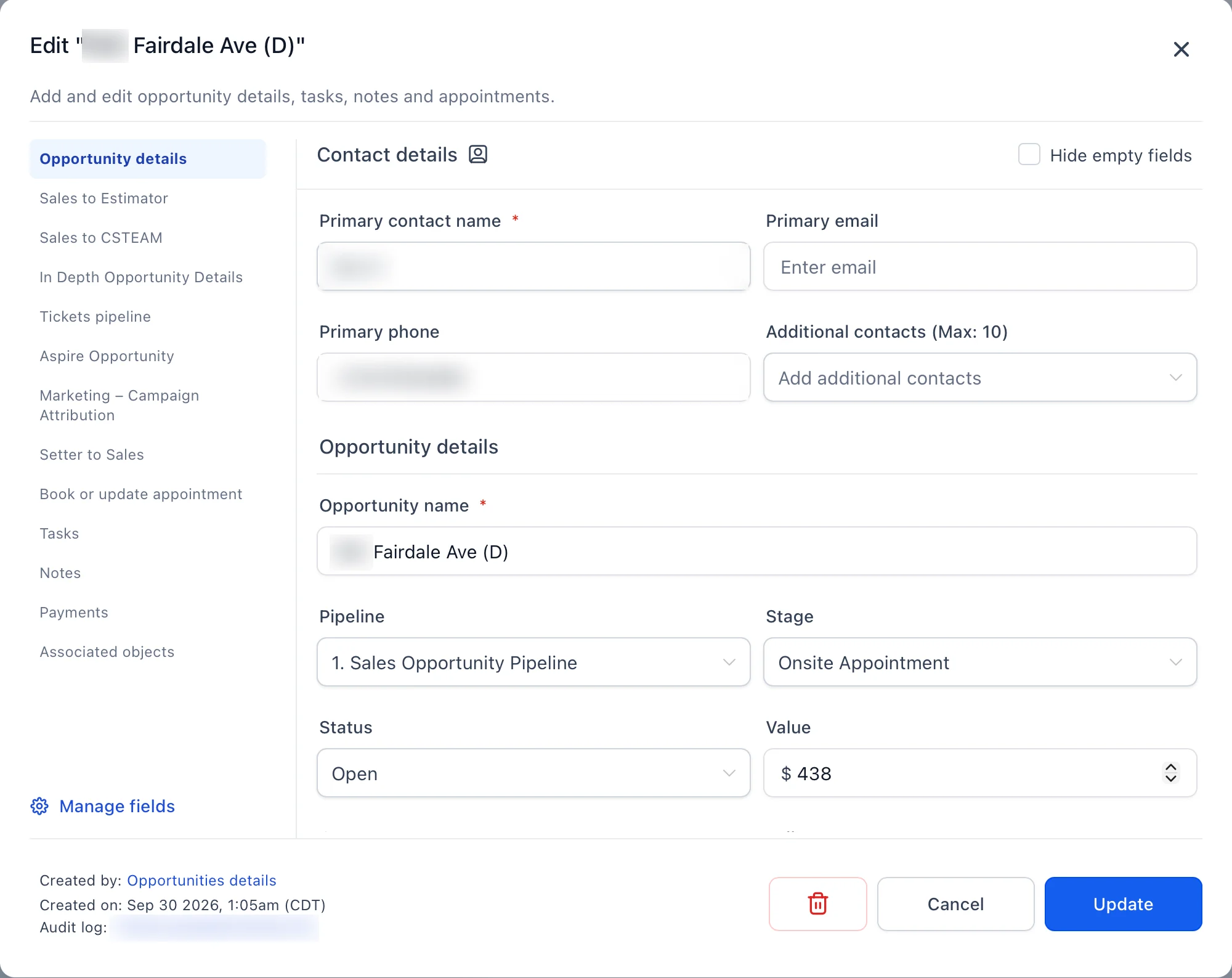 GoHighLevel: an opportunity named for the property on Fairdale Ave, in the Sales Opportunity Pipeline at the Onsite Appointment stage, status Open, valued at $438, the homeowner's monthly estimate.